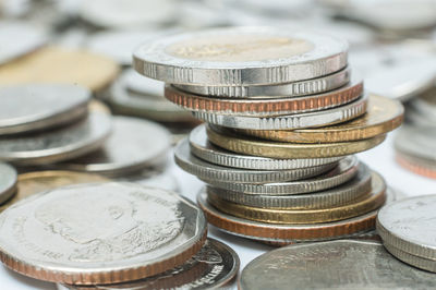 High angle view of coins