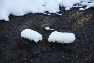 High angle view of snow covered field
