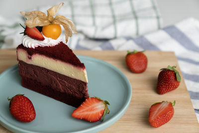 Close-up of cake served on table