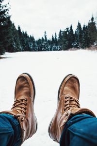 Low section of man standing on snow covered landscape