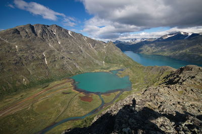 Panoramic view of lake and mountains against sky