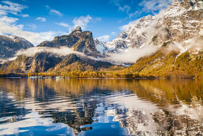 Scenic view of lake and snowcapped mountains against sky