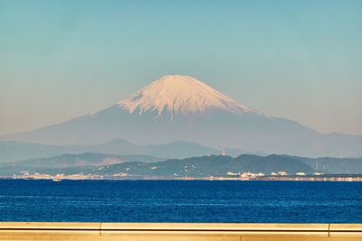 Scenic view of snowcapped mountain against clear sky