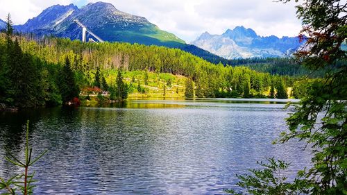 Scenic view of lake and mountains against sky