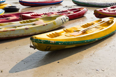 High angle view of boats moored on beach