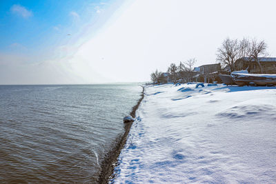 Scenic view of sea against clear sky during winter