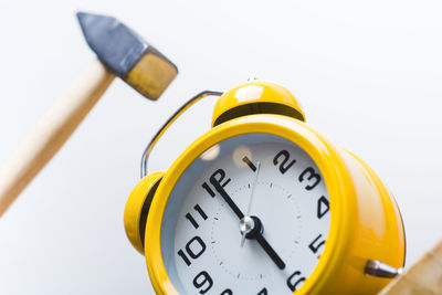 Close-up of yellow clock over white background