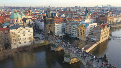 High angle view of city buildings