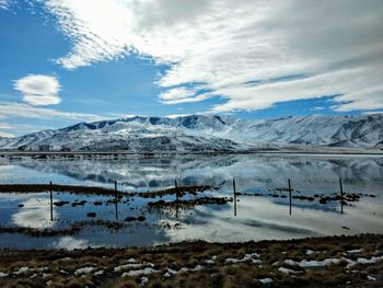 Scenic view of snowcapped mountains against sky