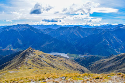 Scenic view of snowcapped mountains against sky