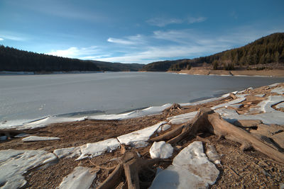 Scenic view of landscape against sky during winter