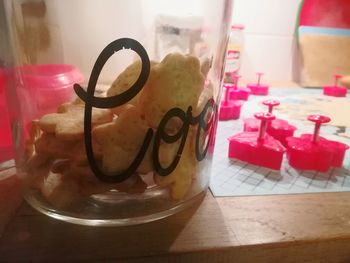 Close-up of drink in jar on table