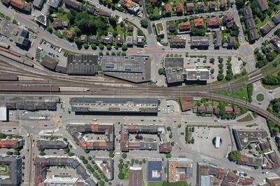 High angle view of buildings in city