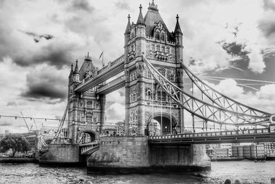 View of bridge over river against cloudy sky