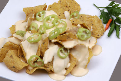 High angle view of food in plate