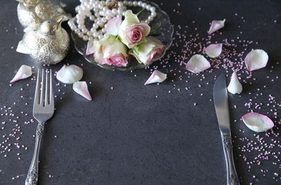 High angle view of flower bouquet on table