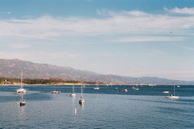 Boats moored in sea against sky