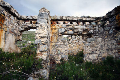 Old wall by building against sky