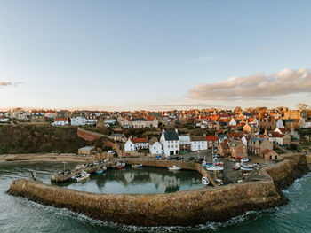 High angle view of townscape against clear sky