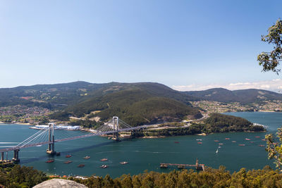 Scenic view of bay against clear sky