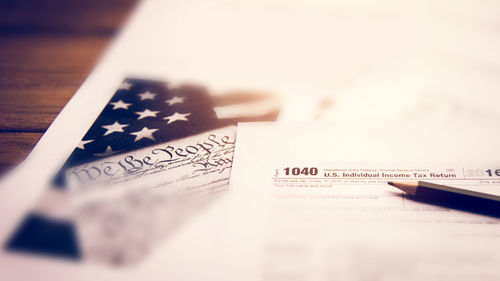 Close-up of paper flag on table