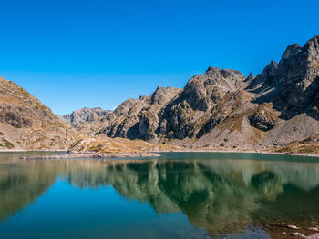 Scenic view of lake and mountains against clear blue sky