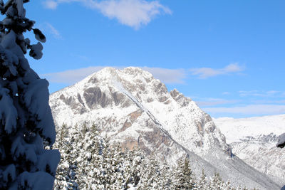 Low angle view of snowcapped mountains against sky