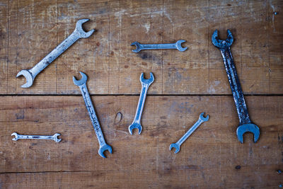 High angle view of work tools on wooden table