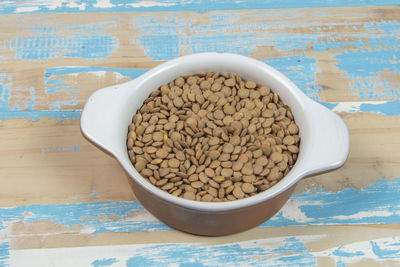 High angle view of food in bowl on table