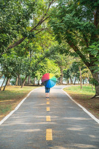 Rear view of woman walking on road amidst trees