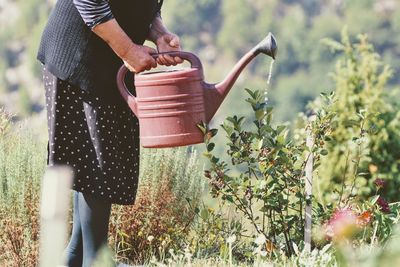 Midsection of woman holding umbrella standing by plants