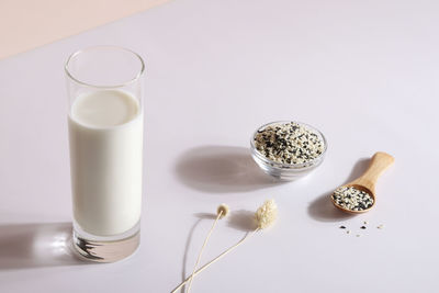 High angle view of medicines on white background