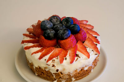 Close-up of cake on plate against white background