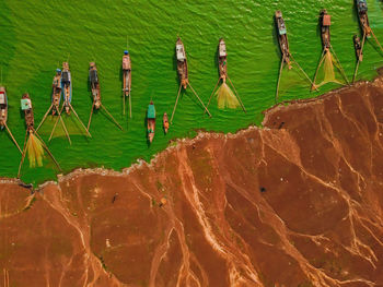 High angle view of sailboat on sea shore