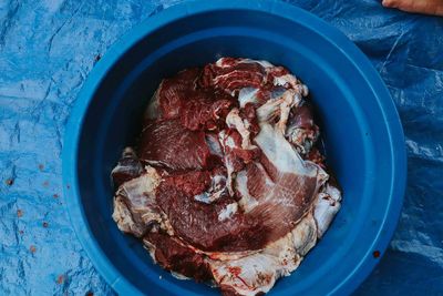 High angle view of meat in container