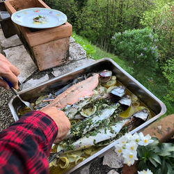 High angle view of person preparing food on barbecue grill