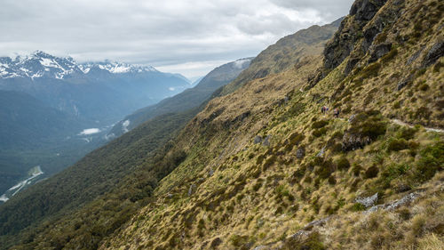 Scenic view of mountains against cloudy sky