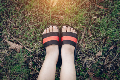 Low section of woman wearing shoes on field