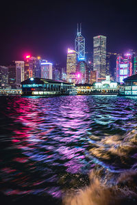 Illuminated buildings in city at night