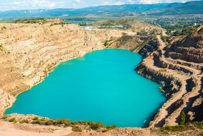 High angle view of landscape and lake