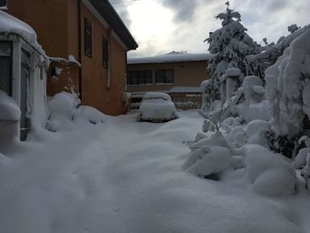 Snow covered houses by building against sky