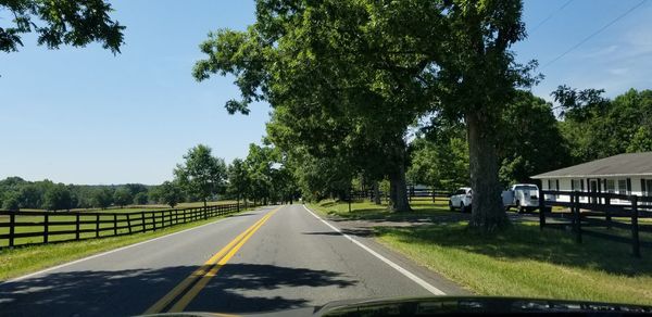 Road amidst trees seen through car windshield