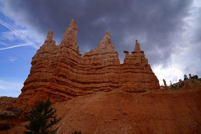 Low angle view of rock formations against cloudy sky