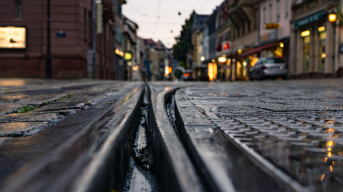 Surface level of railroad tracks in city