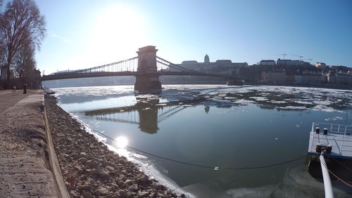 Suspension bridge over river