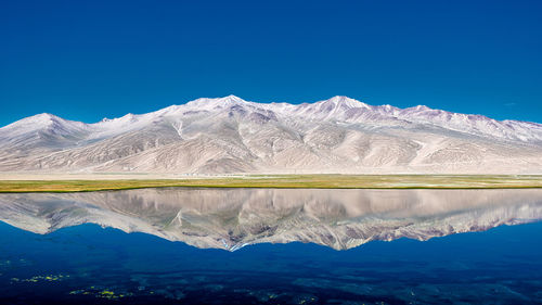 Scenic view of lake and mountains against blue sky