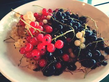 High angle view of berries in bowl on table