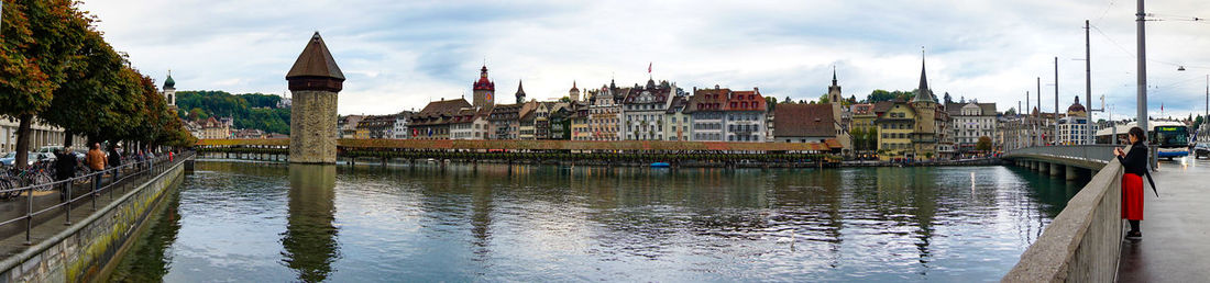 Panoramic view of buildings against cloudy sky