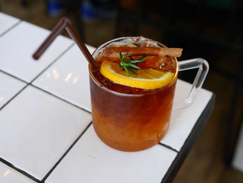 High angle view of drink on table