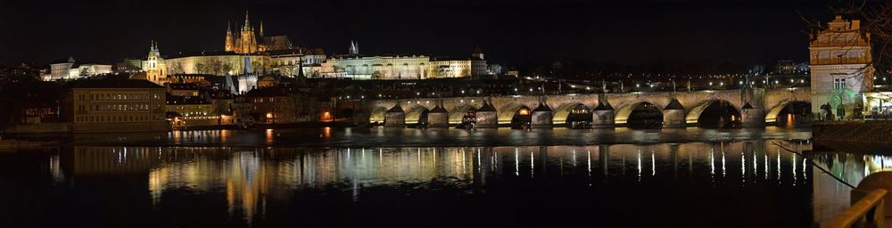 Reflection of illuminated buildings in river at night